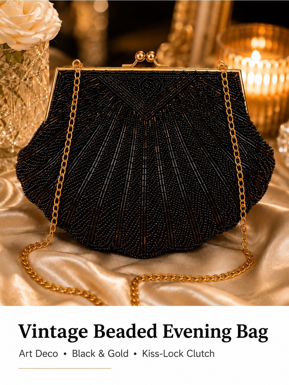 La Regale Vintage Black Beaded Evening Bag Art Deco Gold Chain Clutch Purse
